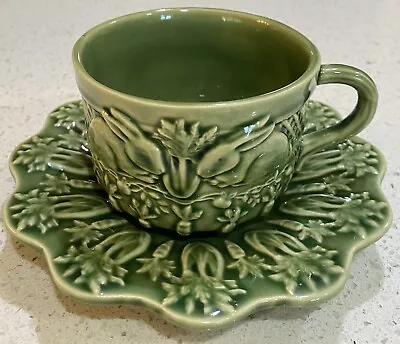 1 Bordallo Pinheiro Rabbit Bunny Carrot Cup & Saucer Set Portugal Majolica Green • $25