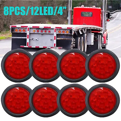 8x 4“ Round 12 LED Trailer Tail Lights Truck Stop Brake Lamp W/Grommet Red • $35.77