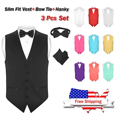 Men's SLIM FIT Dress Vest BOW Tie Hanky Set Formal Suit Tuxedo Waistcoat BowTie • $24.95