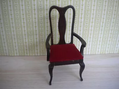 Dollhouse Miniature Red Velvet Arm Chair In Mahogany Finish - 1:12 Scale • $10
