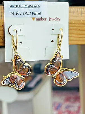 14K Gold Butterfly Genuine Baltic Amber Earrings Vintage Butterscotch Polish • $119.56