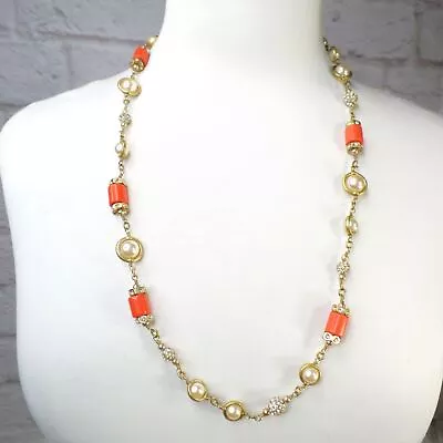 J. Crew Necklace Orange Faux Pearl Brass Chain W/ Rhinestone Crystal Balls • $14.99