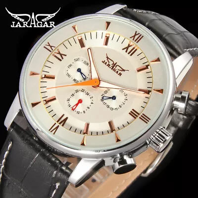 Jaragar Automatic 6 Hand Stainless Steel Leather Strap Sports Watch • £41.94