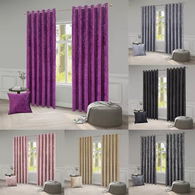 Crushed Velvet Curtains PAIR Fully Lined Eyelet Ring Top Ready Made Luxury UK • £28.99