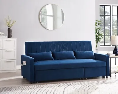 3 Seater Sofa Bed Pull Out Fabric Velvet Sofabed Grey Blue Linen Storage Chaise • £449.99