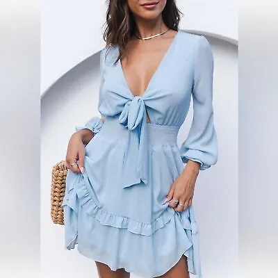 $24 • Buy Sky Blue Deep V Neck Lantern Sleeve Knotted Tiered Mini Dress Xl