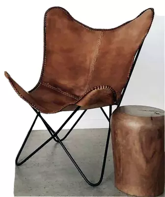 Handmade Retro Pure Brown Buffalo Leather Butterfly Chair With Iron Frame • $138
