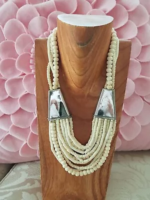 Vintage Jewelry IVORY (10) Beautiful Beaded Strands & Silver NECKLACE 8  Drop • $34.95
