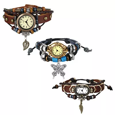 Vintage Braided Leather Wrap Leaf Wing Charm Bracelet Analog Quartz Wrist Watch • $13.29