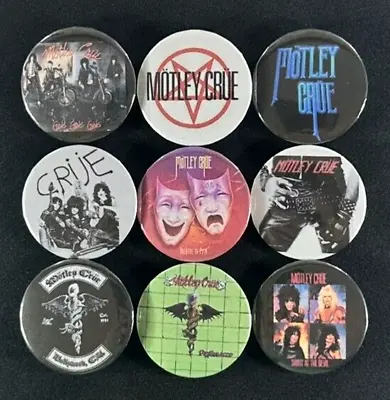 MOTLEY CRUE 80's Hair Band Rock Metal Pinback Buttons 1.5  Size Set Of 9 Pins • $14.99