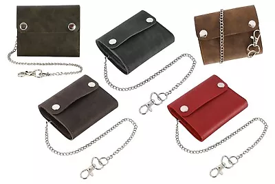 Mens Leather Biker Wallet With Safety Chain Trifold Motorcycle Card Holder Purse • £12.74