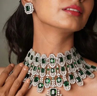 Bollywood Designer Indian Silver Plated AD CZ Necklace Jhumka Ear Set • $88.99