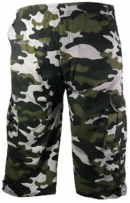 New Mens 3/4 Long Length Shorts Elasticated Waist Cargo Combat Three Quarter 01m • £12.99