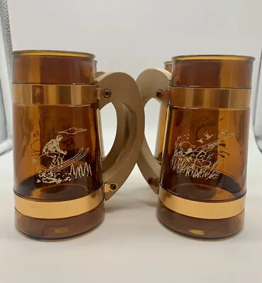 Vintage Siesta Ware Amber Glass Sports Outside Game Themed Beer Mugs Set 4 • $12.99