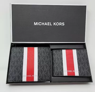 Michael Kors Mens Black And Flame Red Logo Stripe 3 In 1 Billfold Wallet Box Set • $98