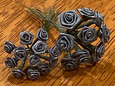 Miniature Satin Ribbon Roses (20 Pcs Blue) Wire Stem Flower Craft Embellishment • $1.99