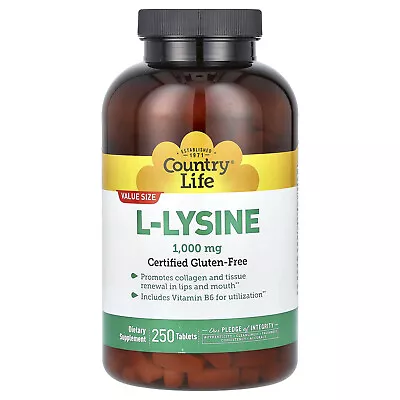Country Life L-Lysine 1000 Mg 250 Tablets Gluten-Free GMP Quality Assured  • $26.47
