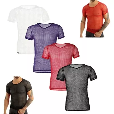 Mens Mesh Casual T-shirt See Through Clubwear Tank Vest Shirt Sports Casual Tops • £7.99