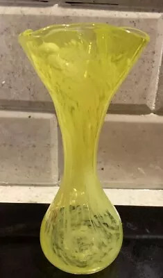 Vintage Mid Century Modern Hand Blown Glass Vase Yellow White Swirl Small 7” • $18.20