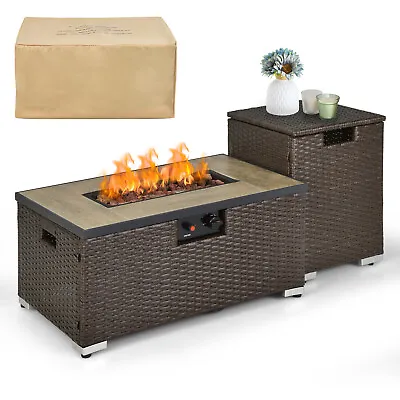 2Pcs Outdoor Rattan Propane Fire Pit Table Set Tank Holder Side Table 40000BTU • £199.95