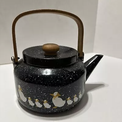 Vintage Enamel Tea Pot Kettle Wood Handle Ducks Black Spackle Yellow • $19.99