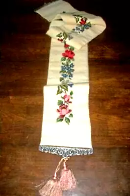 Vintage Needlepoint Bell Pull Roses Flowers Rare Pewter Hardware Over 6 Ft Long • $144.89