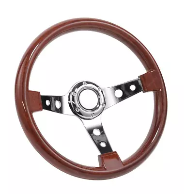 Universal 350MM 6-Hole Classic Dark Wood Grip Chrome 3-Spoke Steering Wheel • $57.99