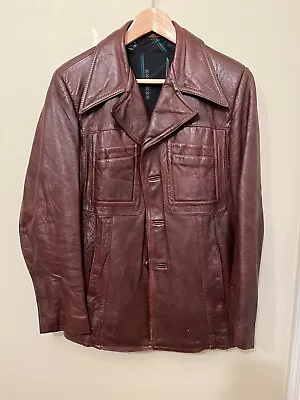 Vintage 1970s Sears Men's Brown Leather Long Coat Jacket 38 Medium Canada • $79.95