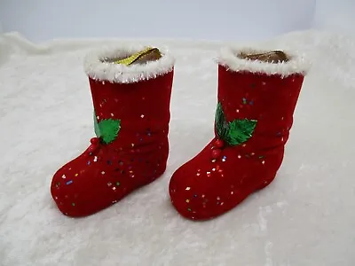 2 Vintage Red Flocked Japan Santa Boots With Glitter Holly & Fur-Trim Ornaments • $19.99
