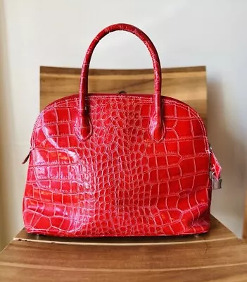 Vera Pelle Made In Italy Red Leather Alligator Handbag With Mini Lock Charm • $34