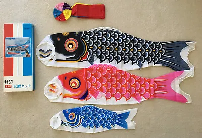 Vintage Set 4 Japanese Carp Koi Fish Kite Nylon Windsock 45 Inches Koinobori • $99.95