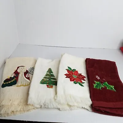 VINTAGE Christmas Embroidered Finger Towels Set Of 4 Tree Poinsettia Santa Holly • $9.95