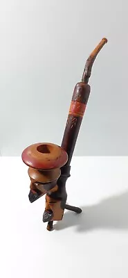 Vintage Hand Carved Cherry Wood Branch Two Headed Face Folk Art Smoking Pipe • $79