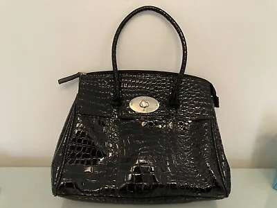 Matalan Black Patent Faux Croc Handle Handbag • £5