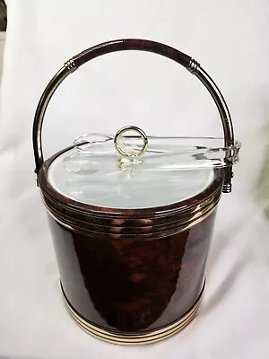 Vintage MCM Shelton Ware Brn Ice Bucket W/Lucite Lid Handle Tongs Mid Century • $18.99