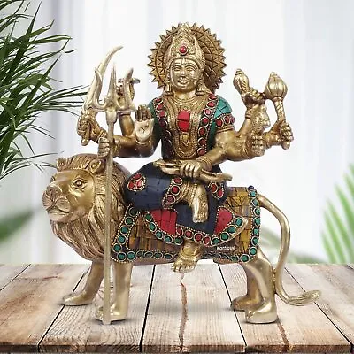 $318.60 • Buy Multi Color Brass Maa Durga Sitting On Lion Sherawali Murti Navratra Statue Idol