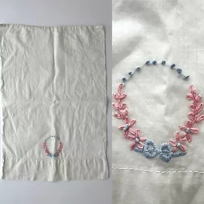 Vintage 40s 50s Baby Pillow Case Hand Embroidered Wreath Pink Blue Crib Infant • $9.99