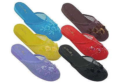 Women's Chinese Mesh Slipper Sequin Floral Beaded Sandals Flip Flops House Shoes • $5.30