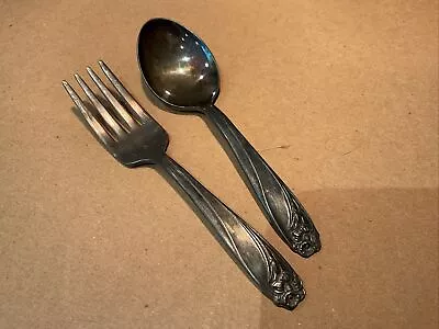 Vintage DAFFODIL Baby Spoon & Fork 1847 Rogers & Bros Silverplate 1950  4-1/4  • $21