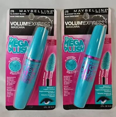 (Lot Of 2) Maybelline MEGA PLUSH BLACKEST BLACK #270 Washable MASCARA .3 Fl Oz • $13.45