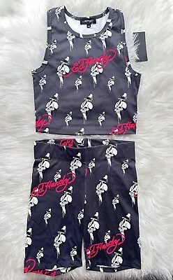 NWT Ed Hardy 2 Piece Set Black Skull Dagger Print Sport Crop Tank And Shorts XL • $49.99