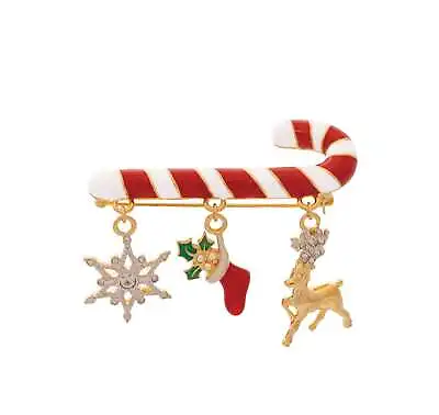 Christmas Charm Candy Cane Pin Brooch Gold Plated Metal Alloy Set With Enamel • £84.80