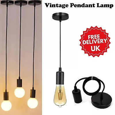 Vintage Pendant Lamp PVC Black E27 Bulb Holder Ceiling Rose Light Fitting Kit • £8.89