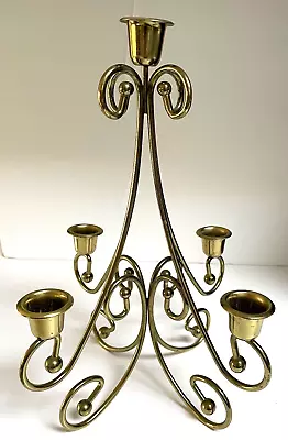 VINTAGE Brass 12.5  Candelabra 5  Candle Holder MCM Gold Metal EUC • $14.99