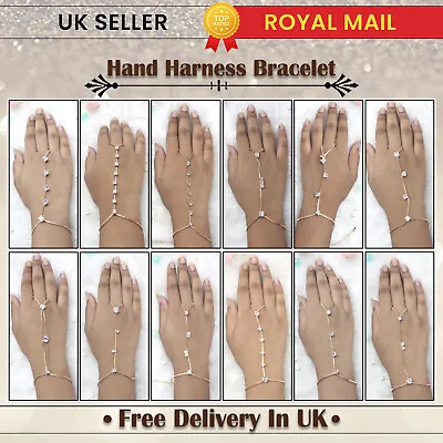 Ladies Golden Rhinestone Hand Chain Bracelet With Ring Attached Hand Harness UK • £5.25