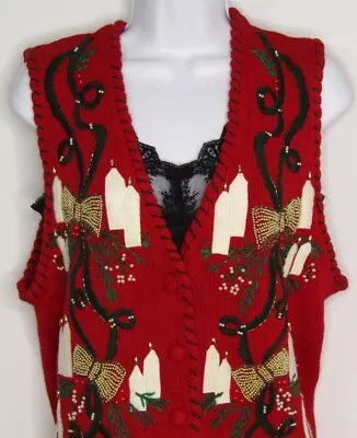 Vintage Holiday Christmas Sweater Vest Pearls Bows Candles Red Victoria Jones Sm • $19.76