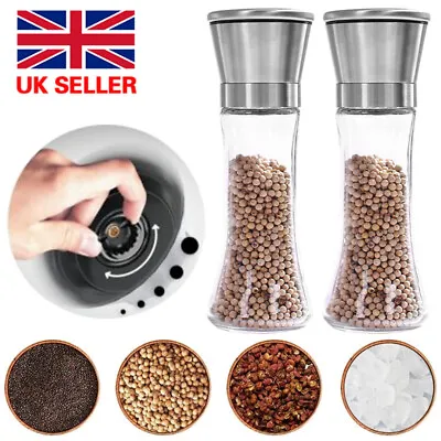 2PCS Salt Pepper Grinder Set Stainless Steel Glass Shaker Adjustable Mill Coarse • £6.99