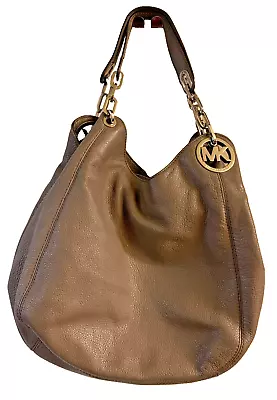 MICHAEL KORS TAN BEIGE Fulton Shoulder Tote Bag SILVER Chain Pebbled Leather • $49.99