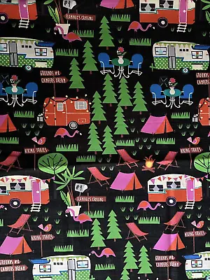 Camping Vacation Tents Campers At Night Fabric W/ Pine Trees & Flamingos 46.5in • $9.95