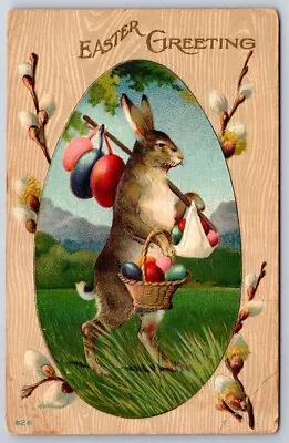 Bunny Rabbit Walking With Egg Baskets~Pussy Willow Flowers~Easter Postcard-h115 • $14